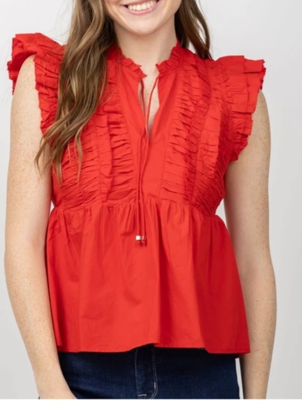 Love The Label Sleeveless Red Ruffle-Trim Poplin Blouse